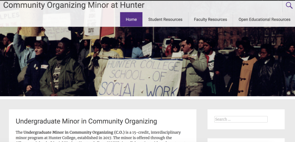 Screenshot of Community Organizing Minor at Hunter Website
