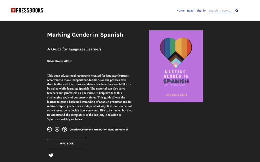 Screenshot of Marking Gender in Spanish Text Homepage on Pressbooks