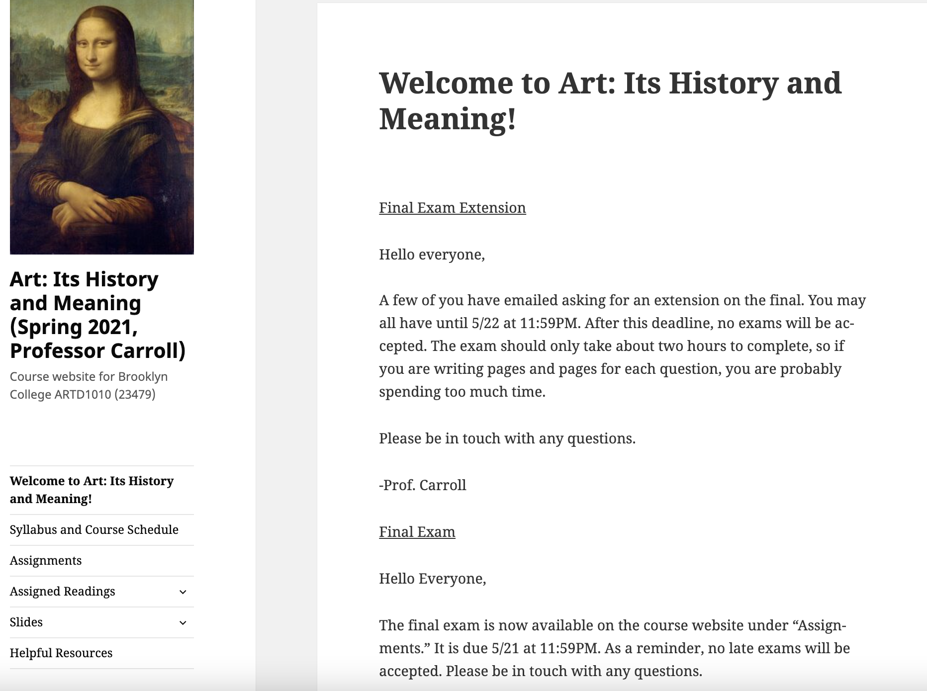Screenshot of "art history and its meaning" course site