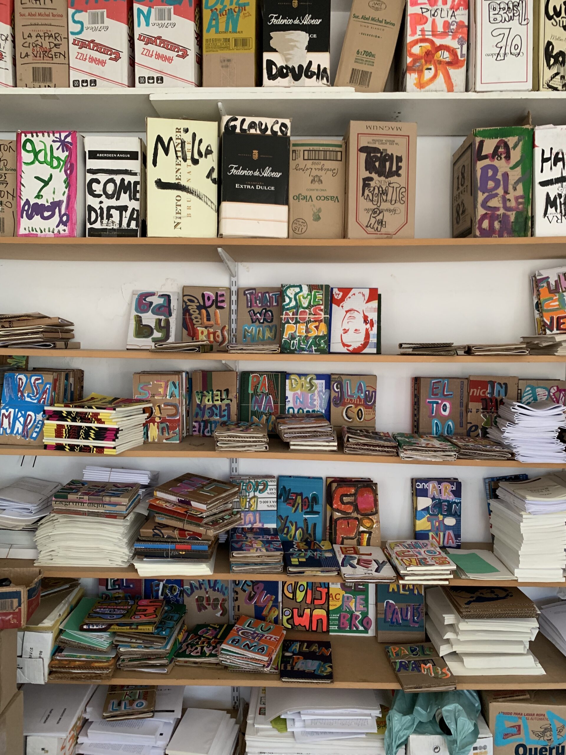 six horizontal shelves stocked with various cartonera books