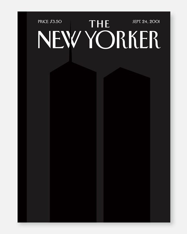 silhouettes of the Twin Towers appear against a black backdrop. Across the top is written "The New Yorker"