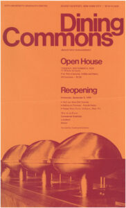 A flier for the Dining Commons; two tone, orange background, dome-covered serving dishes on a table