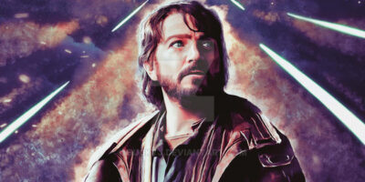 A movie poster-style picture with Casssian Andor, as depicted by actor Diego Luna, under two moons and imperial space ships in the background. Text at the bottom of the poster reads Star Wars: Andor.