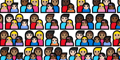 25 emojis of families distributed in 4 rows. They represent different family configurations: with one child, with two children, monoparental, same-sex parents, and interracial couples.
