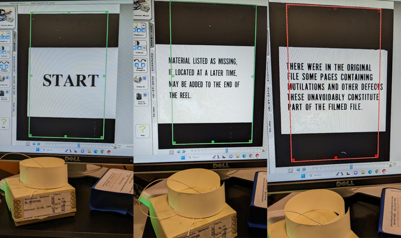 An image composed of three pictures made to microfilm reader software screen. First states the beginning of film roll, Second reads a warning about missing material; Third says that mutilated pages and other defects are part of the file too.